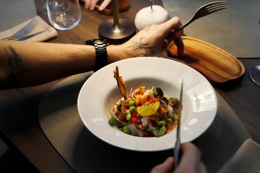 Salmon Ceviche, Jalapeño, Tiger Milk, Crispy Sweet Potato