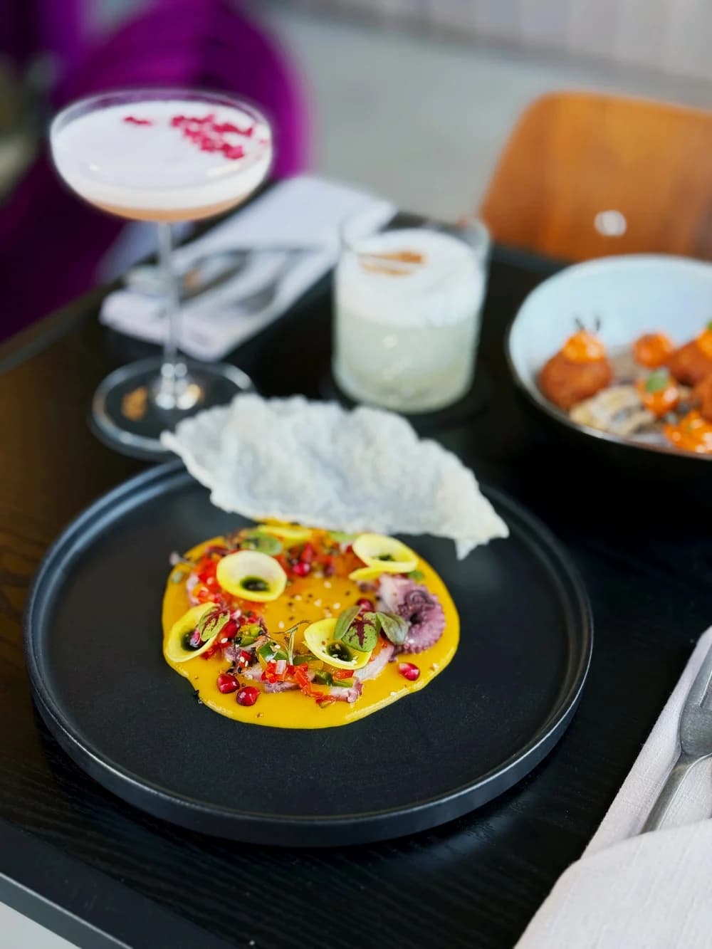 Grilled Octopus Tiradito, Aji Amarillo, Marinated Daikon, Coriander